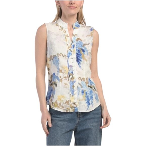 ELIE TAHARI Linen Sleeveless Split V-neck Button Down Blouse